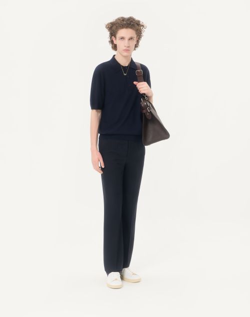 Valentino - Vロゴ エンブロイダリー ウール ポロシャツ - ネイビー - メンズ - ニット